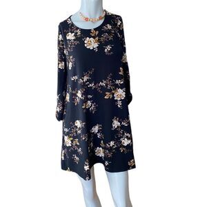 Love Five Shift Dress Black Cream Rose Floral Roll Tab Sleeve Mini Womens S/P